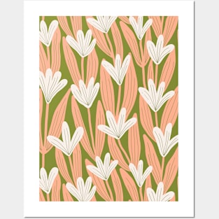 Minimalist magnolias - Olive and salmon Posters and Art